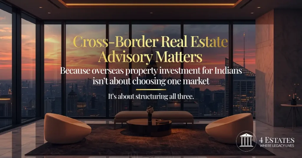 Cross-border property advisory India Dubai London luxury penthouse interior cityscape by 4 Estates Realtors