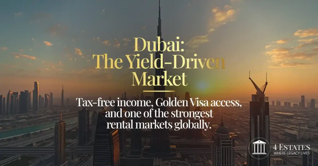 Dubai luxury property market 2026 Burj Khalifa skyline sunset yield-driven investment by 4 Estates Realtors