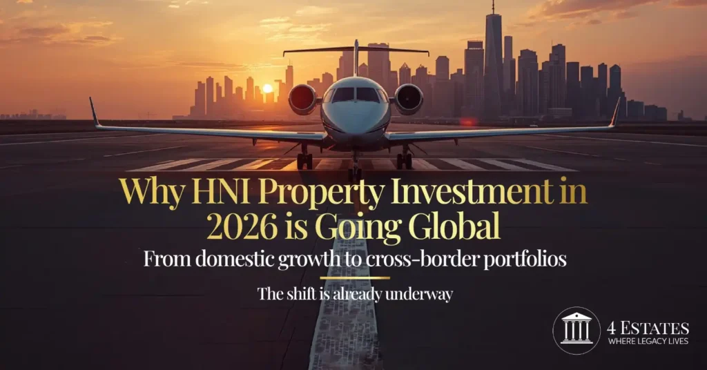 HNI property investment 2026 going global cross-border portfolio private jet city skyline by 4 Estates Realtors
