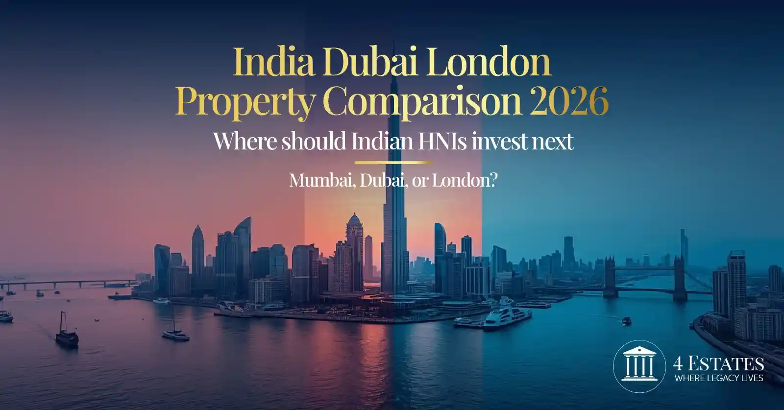 India Dubai London property comparison 2026 triptych skyline HNI investment guide by 4 Estates Realtors