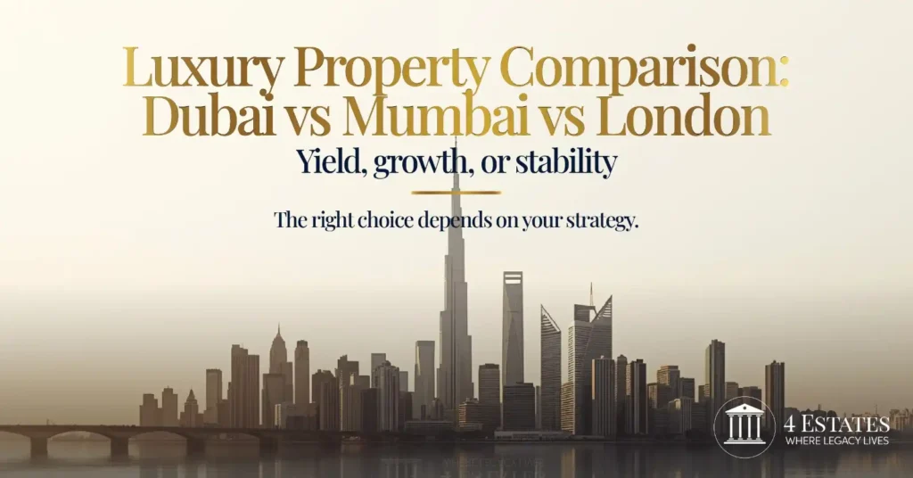 Luxury property comparison Dubai Mumbai London yield growth stability skyline 2026 by 4 Estates Realtors