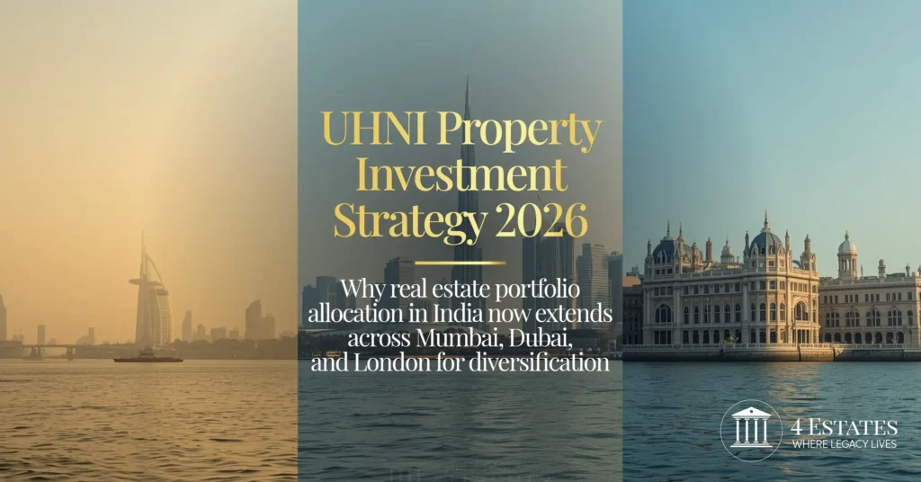 UHNI property investment strategy 2026 — real estate portfolio allocation across Mumbai, Dubai, and London for cross-border diversification | 4 Estates Realtors