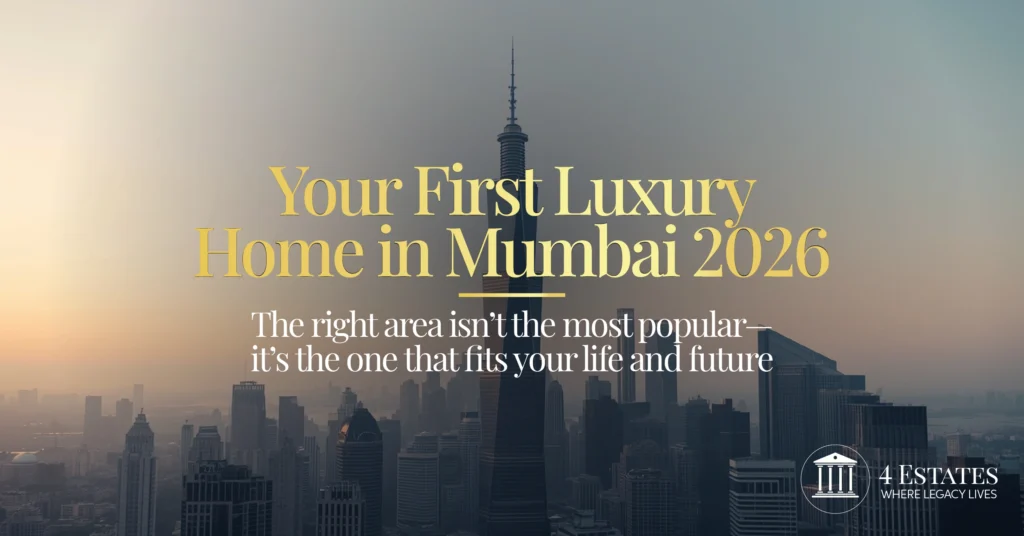First luxury home Mumbai 2026 — right area lifestyle investment advisory city skyline — 4 Estates