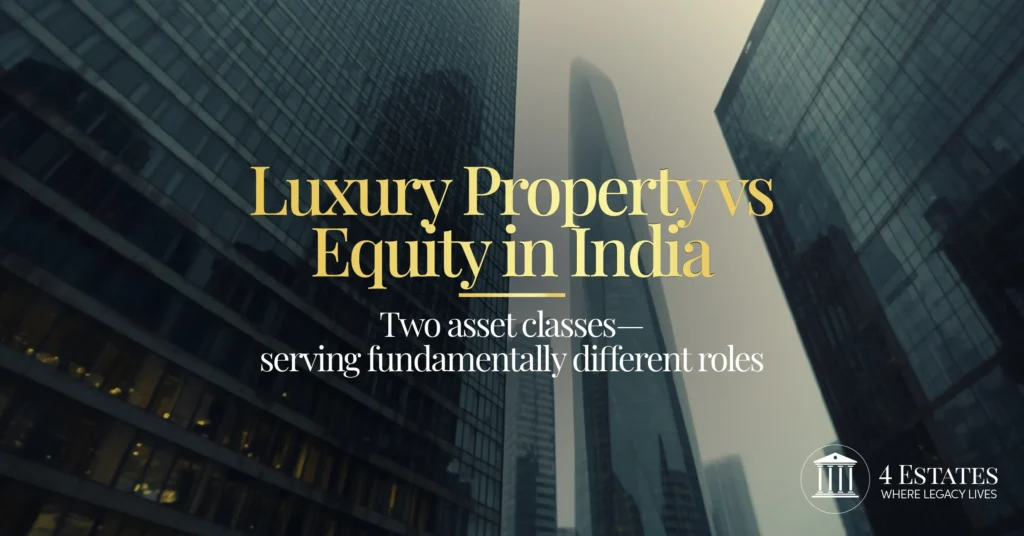 Luxury property vs equity in India: two asset classes serving different HNI portfolio roles — glass towers — 4 Estates