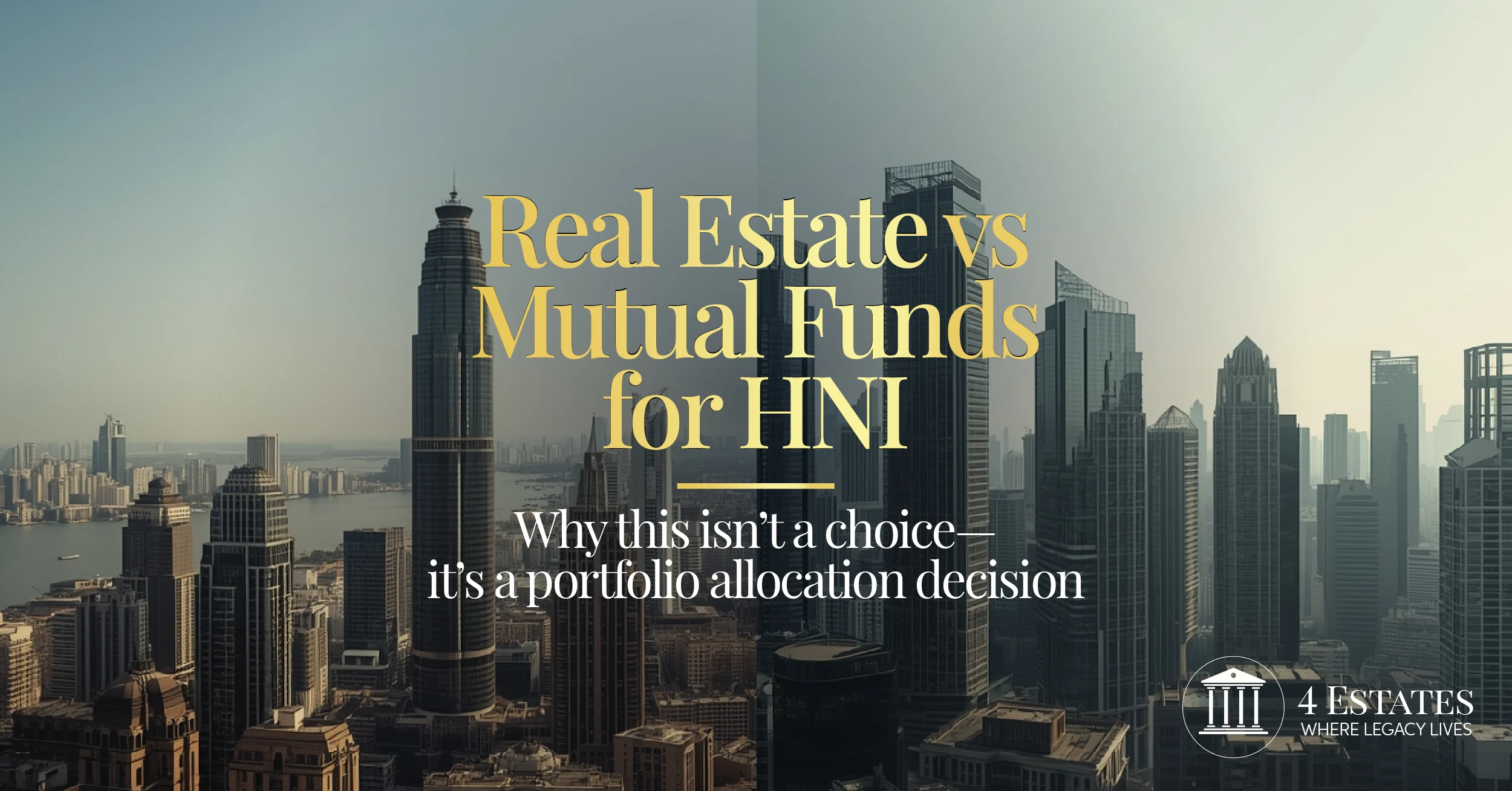 Real estate vs mutual funds for HNI investors: portfolio allocation decision, dual luxury city skyline, 4 Estates advisory