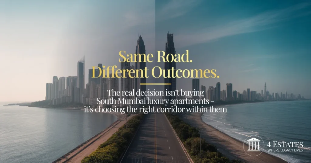 South Mumbai luxury apartments — same coastal road, different outcomes depending on corridor selection, 4 Estates advisory