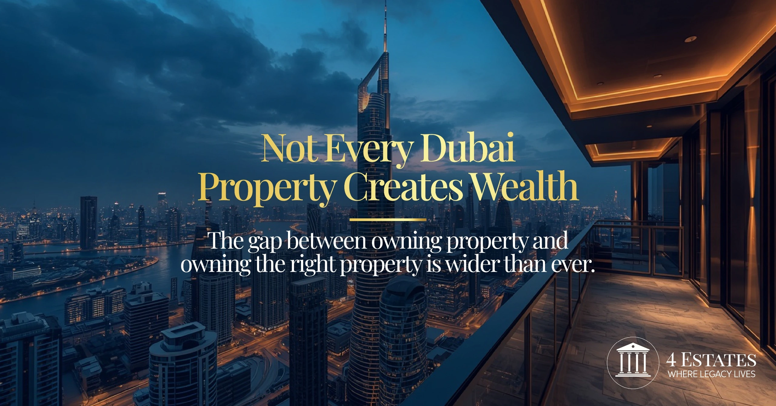 Buy luxury property in Dubai: city skyline at dusk from a luxury apartment balcony, advised on by 4 Estates