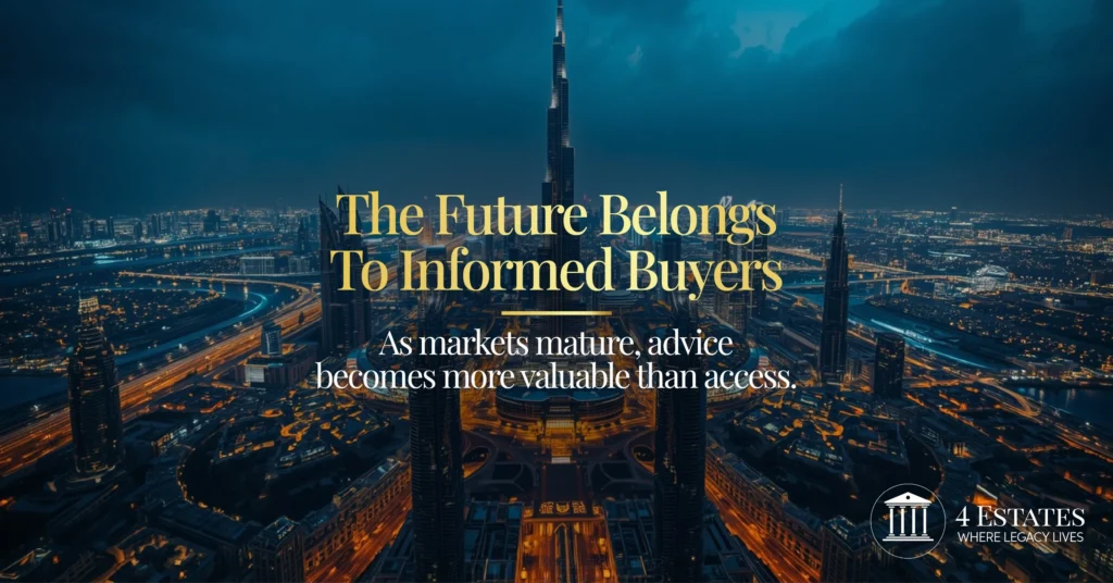 Buy luxury property in Dubai with advisory: Downtown skyline and Burj Khalifa at night, 4 Estates private office
