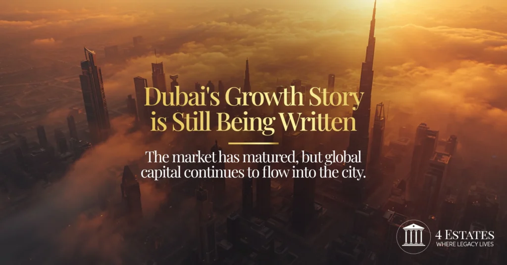 Buy luxury property in Dubai market growth: aerial skyline above the clouds at sunrise, 4 Estates advisory