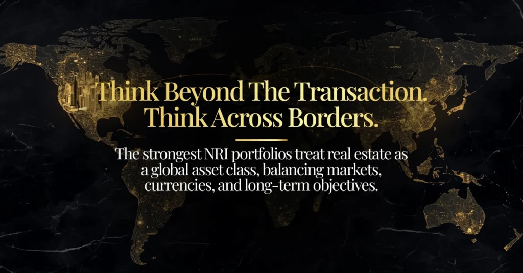 NRI property investment India banner with a gold world map, on cross-border real estate, by 4 Estates