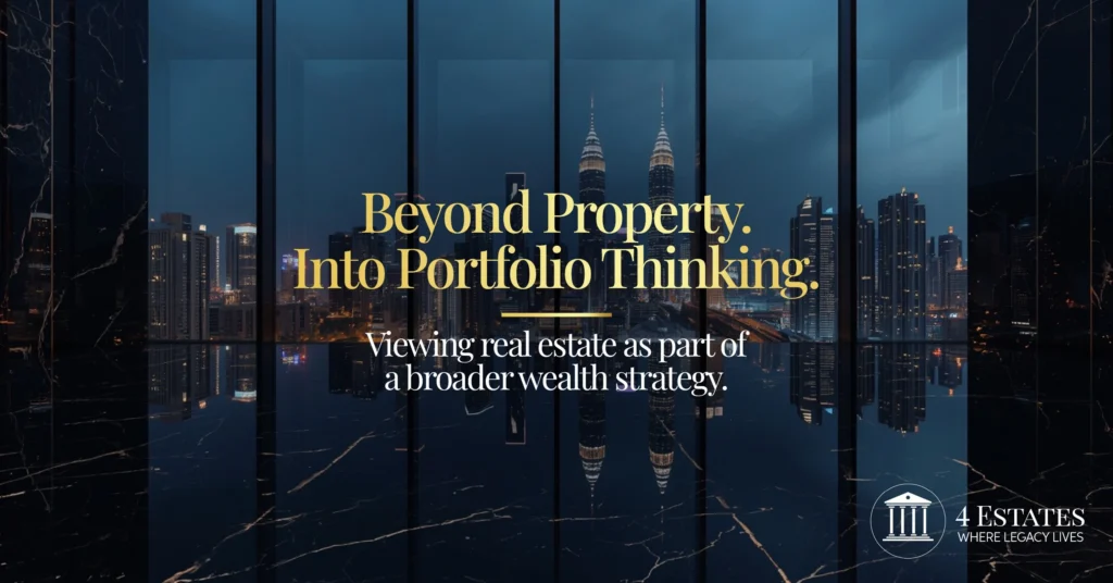 Premium high-rise city view at night representing real estate portfolio thinking and advisory strategy by 4 Estates
