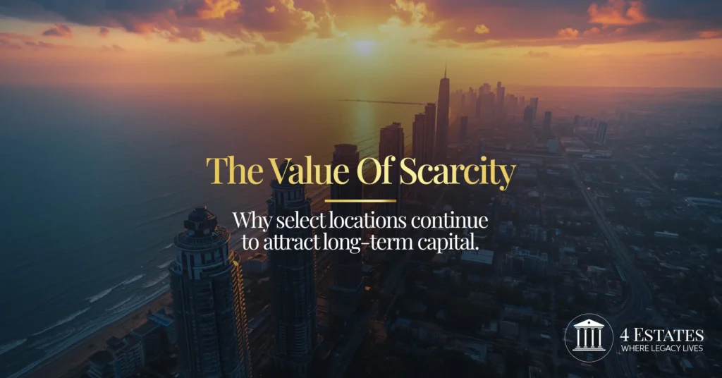 Aerial view of a select luxury residential location at sunrise illustrating scarcity-driven capital appreciation, 4 Estates