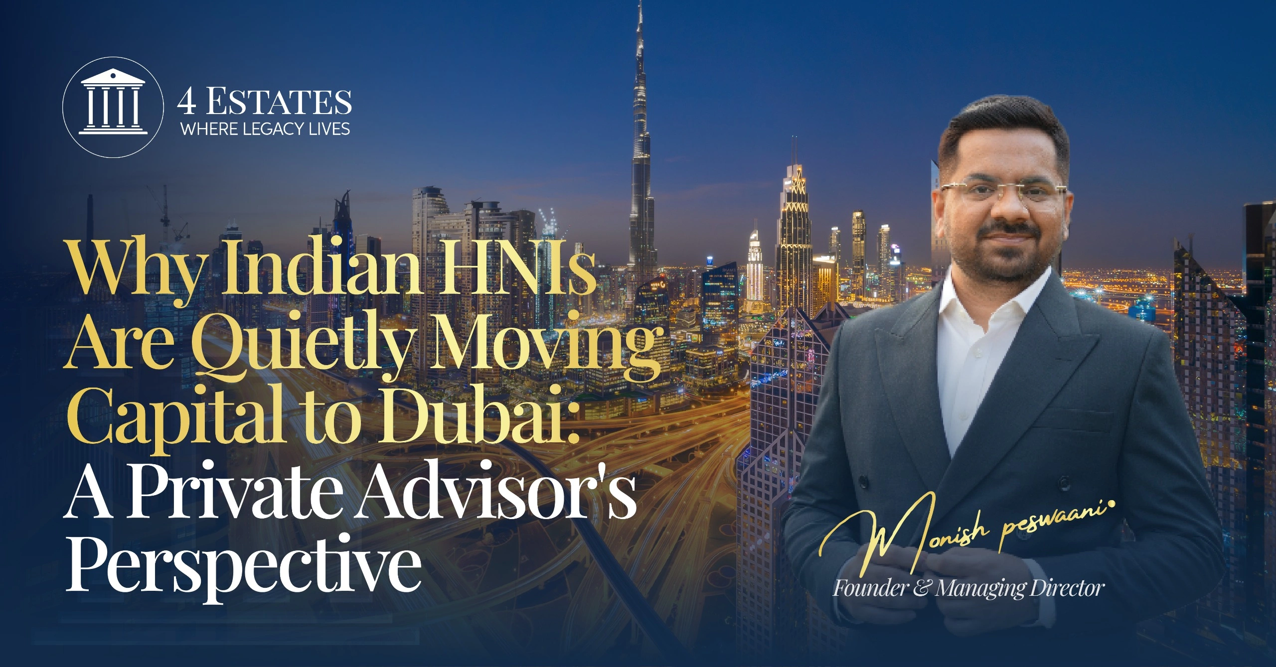 Indians buying property in Dubai: Dubai skyline at dusk linked to the Mumbai sea front, 4 Estates advisory