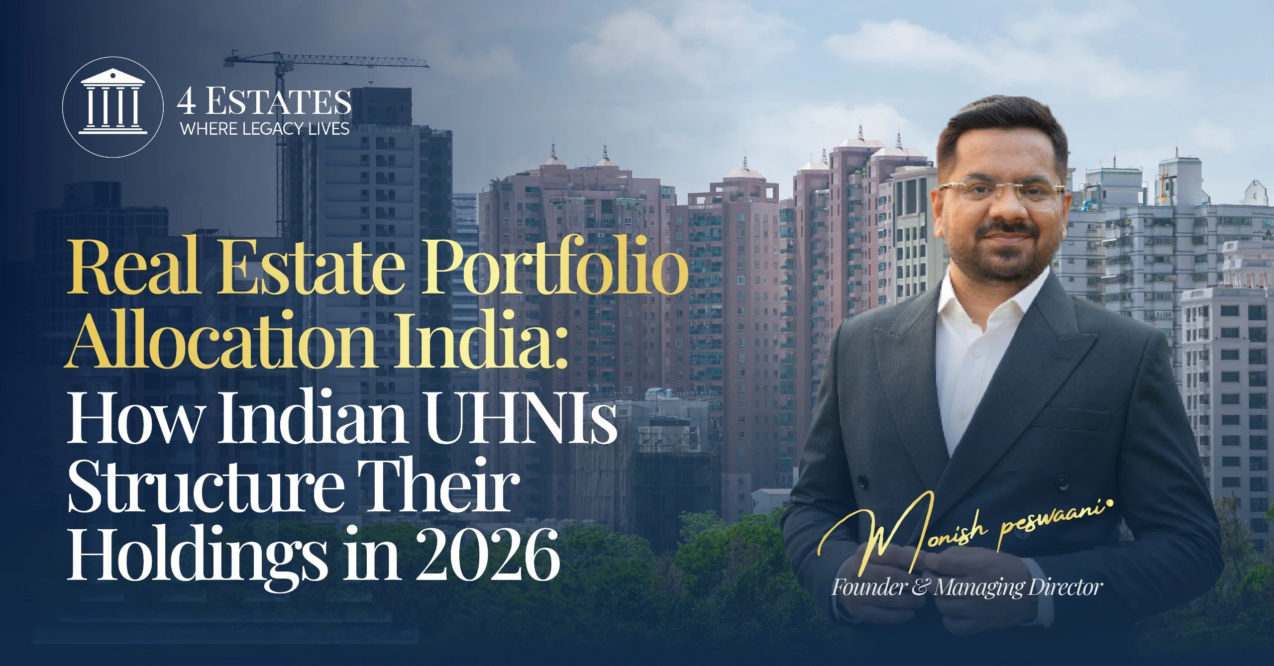 Real estate portfolio allocation India banner across Mumbai, Dubai, and London skylines, by 4 Estates