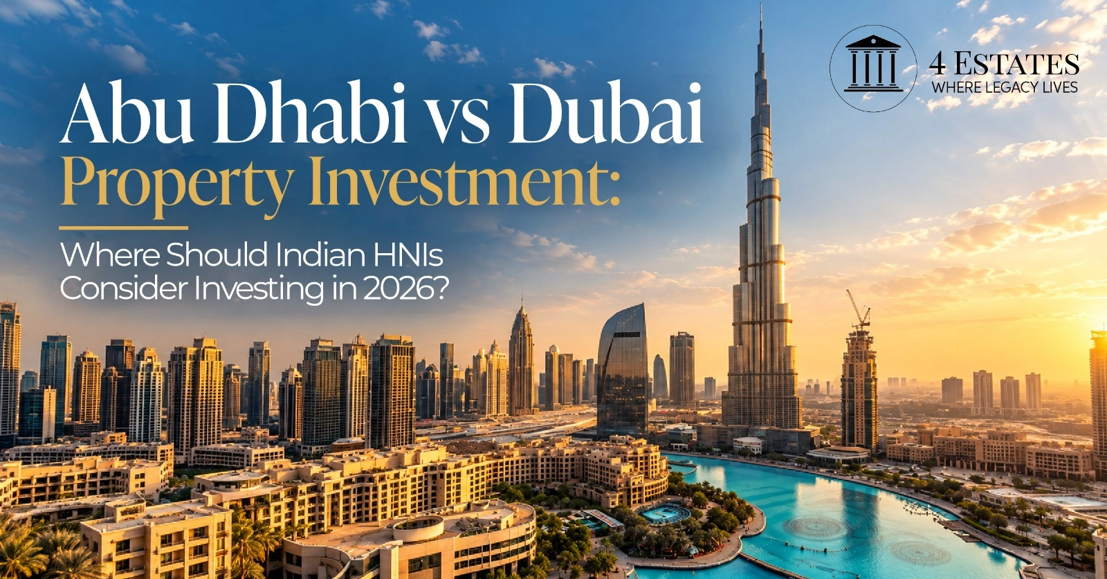 Abu Dhabi vs Dubai property investment: Saadiyat Island waterfront and Palm Jumeirah skyline at dusk, 4 Estates
